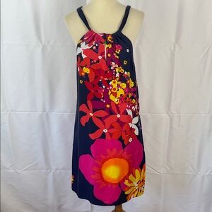 Trina Turk Navy w/Red, Pink, and Yellow Floral Halter Dress w/Keyhole - Size 0
